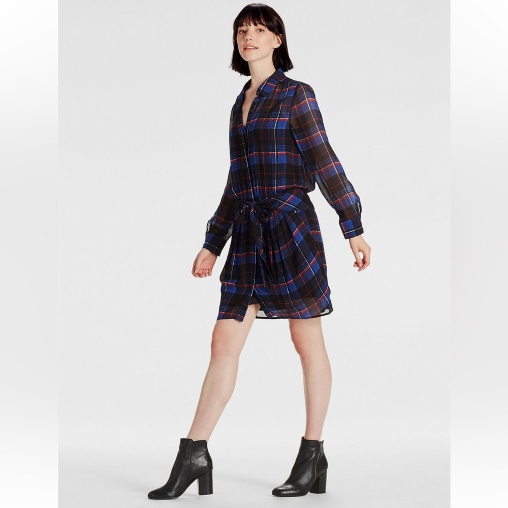Lucky Brand Women’s Blue/Black/Red Plaid Tie Viscose Lightweight Shirt Dress XS
